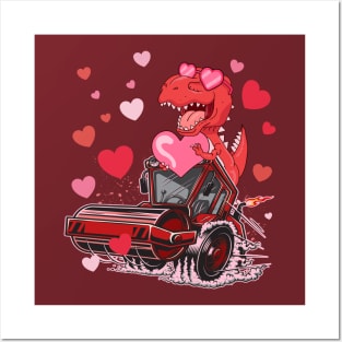 Valentines Day Kids Dinosaur Ridding Truck Hearts Posters and Art